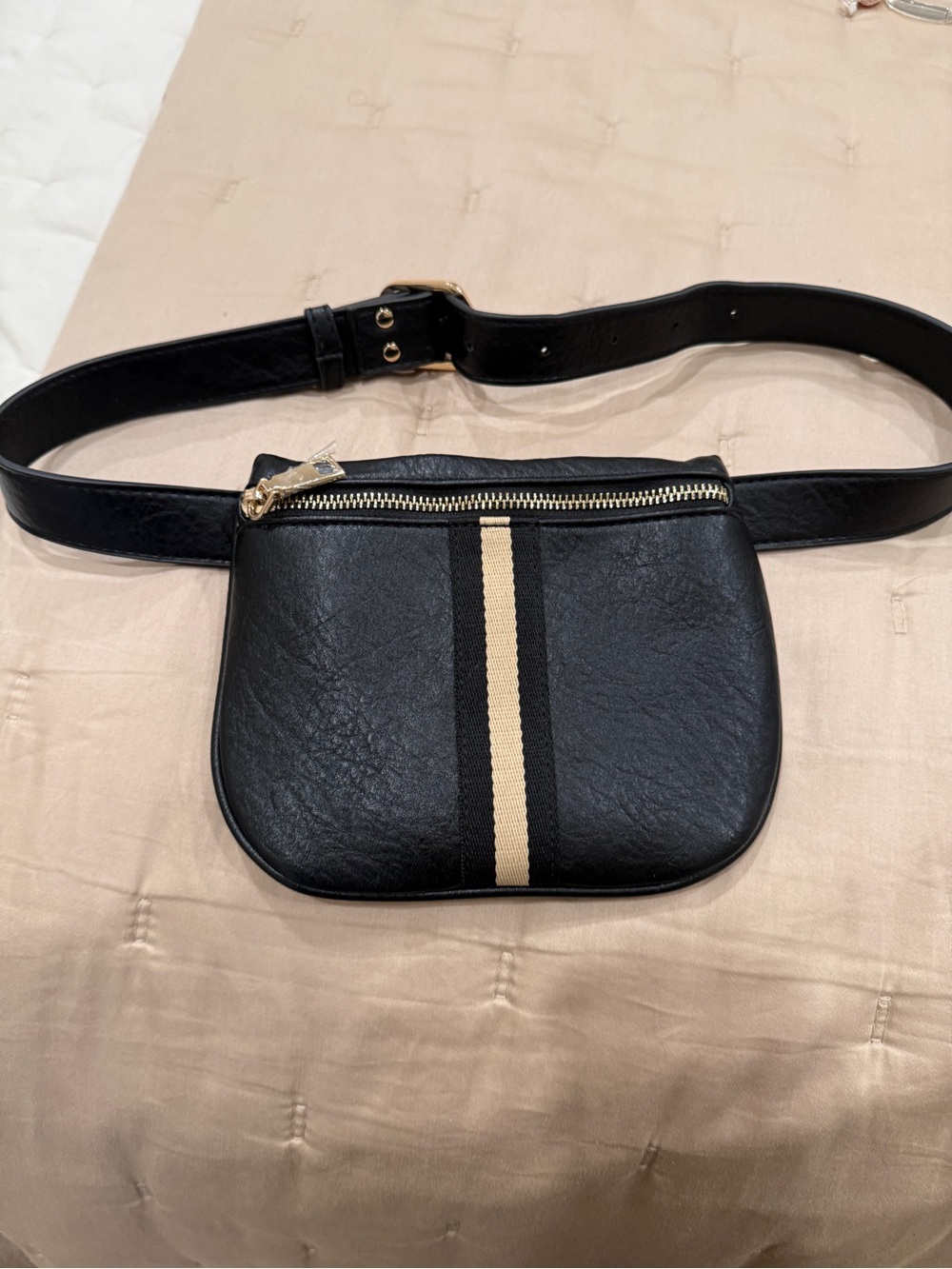Moda Luxe Black Mini Belt Bag with Tan Stripe
